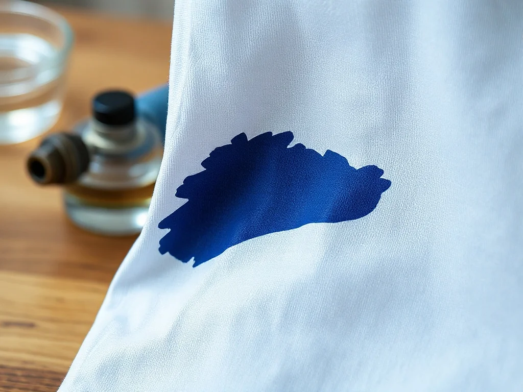 Świeża, ciemnoniebieska plama z atramentu na białej bawełnianej koszuli obok pióra wiecznego.