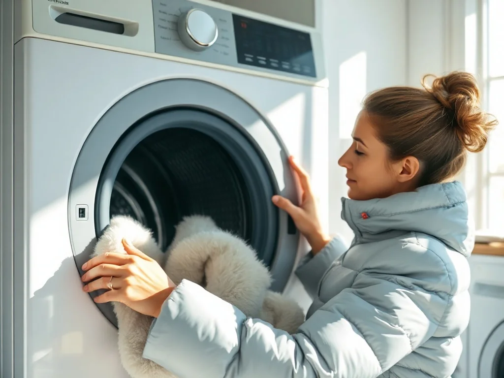 Kobieta wyjmuje czystą, puszystą kurtkę puchową z nowoczesnej pralki w jasnej, uporządkowanej pralni.