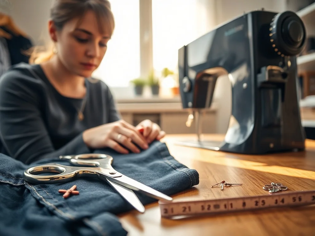 Kobieta szyje na maszynie nogawkę ciemnych jeansów, obok na stole leżą nożyczki, centymetr krawiecki i szpilki.