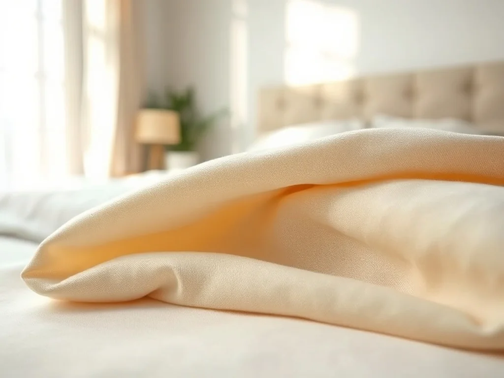 Zbliżenie na delikatną, jedwabistą strukturę tkaniny Tencel w jasnym, nowoczesnym wnętrzu sypialni.